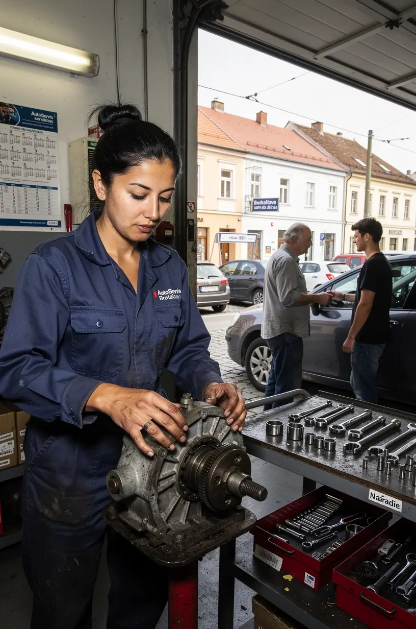 Detail prevodového mechanizmu so zreteľným znázornením ozubených kolies pripravených na výmenu alebo opravu.
